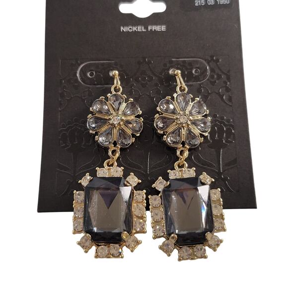 Gold Tone Dangle Earrings Gray Faceted Gem Crystal Border Drop 2.2" Nickel Free - Picture 2 of 11
